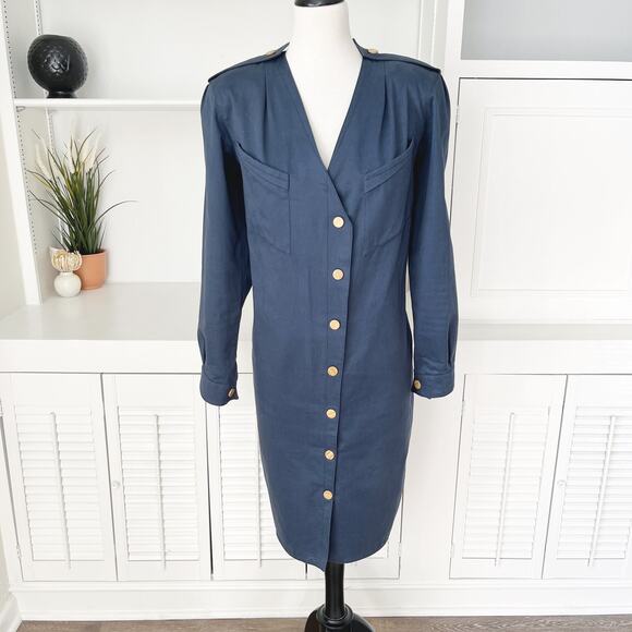 Vintage 80s 90s Thierry Mugler Navy Blue Asymmetric Cotton Shirt Dress Size 44/M - Picture 1 of 9